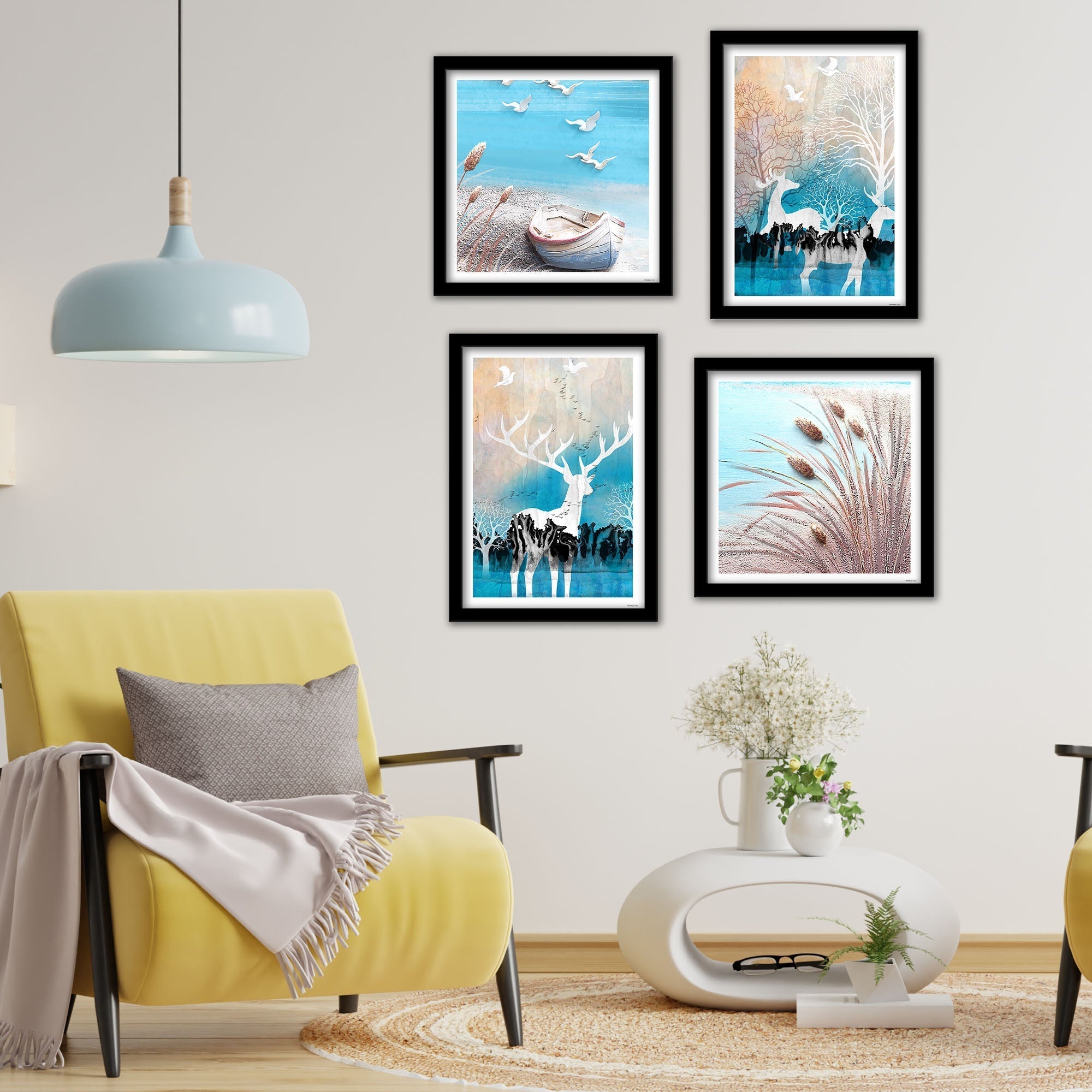 Modern White Deer Art Wall Frame Set of Four