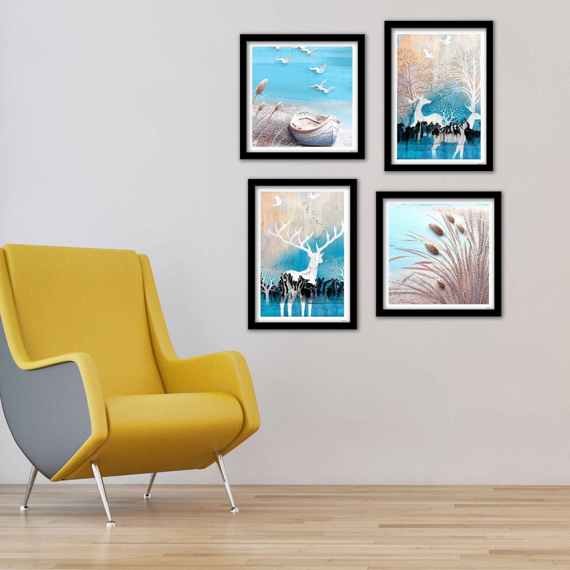 Modern White Deer Art Wall Frame Set of Four
