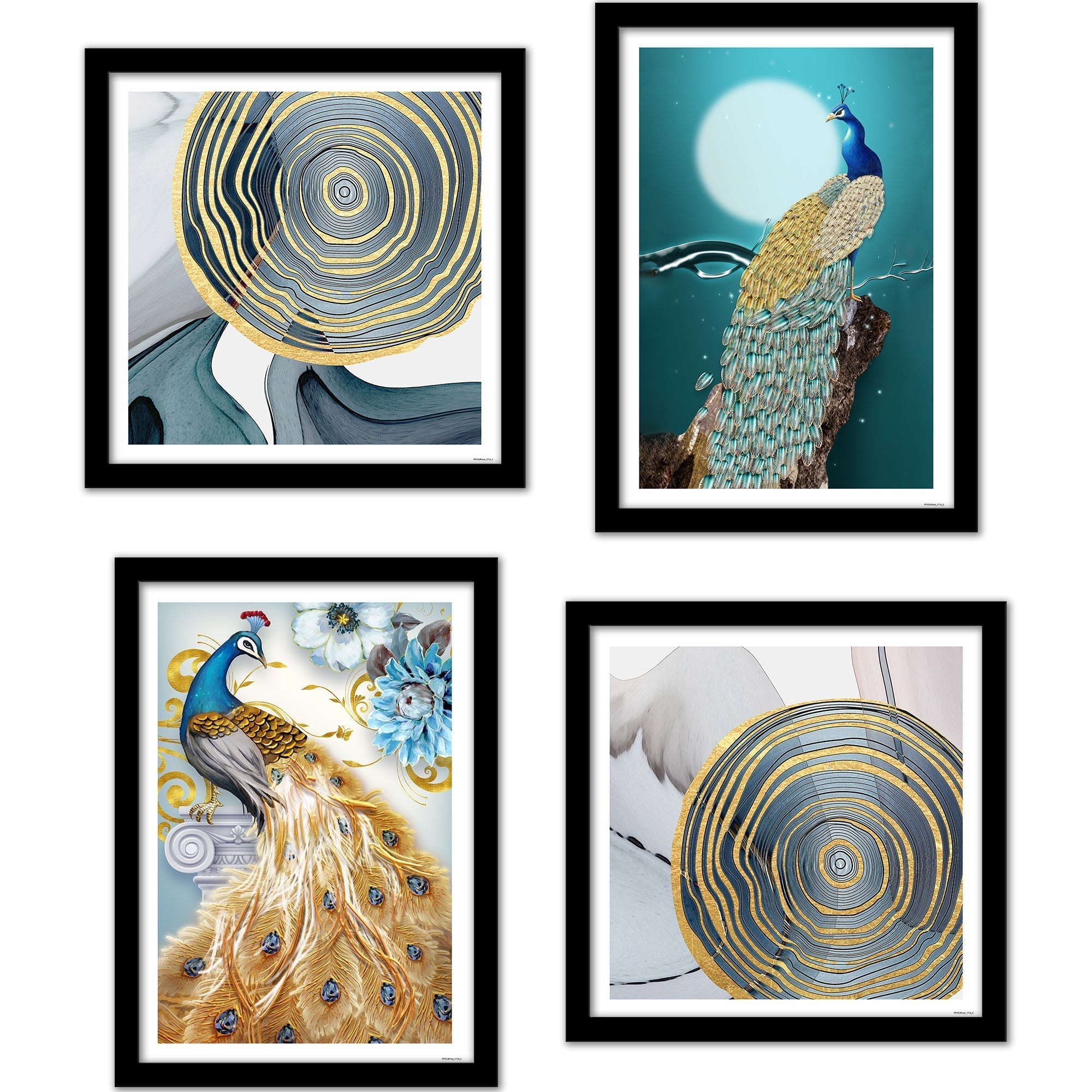 Peacock Golden Textured Feather Wall Frame Set of Four
