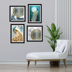 Peacock Golden Textured Feather Wall Frame Set of Four