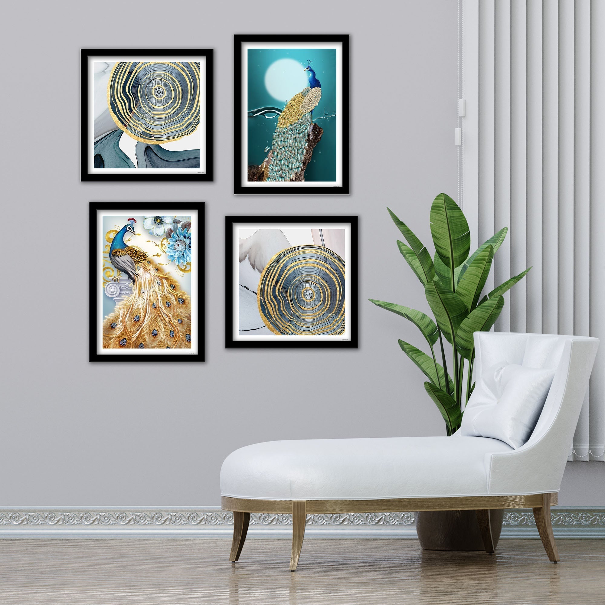 Peacock Golden Textured Feather Wall Frame Set of Four
