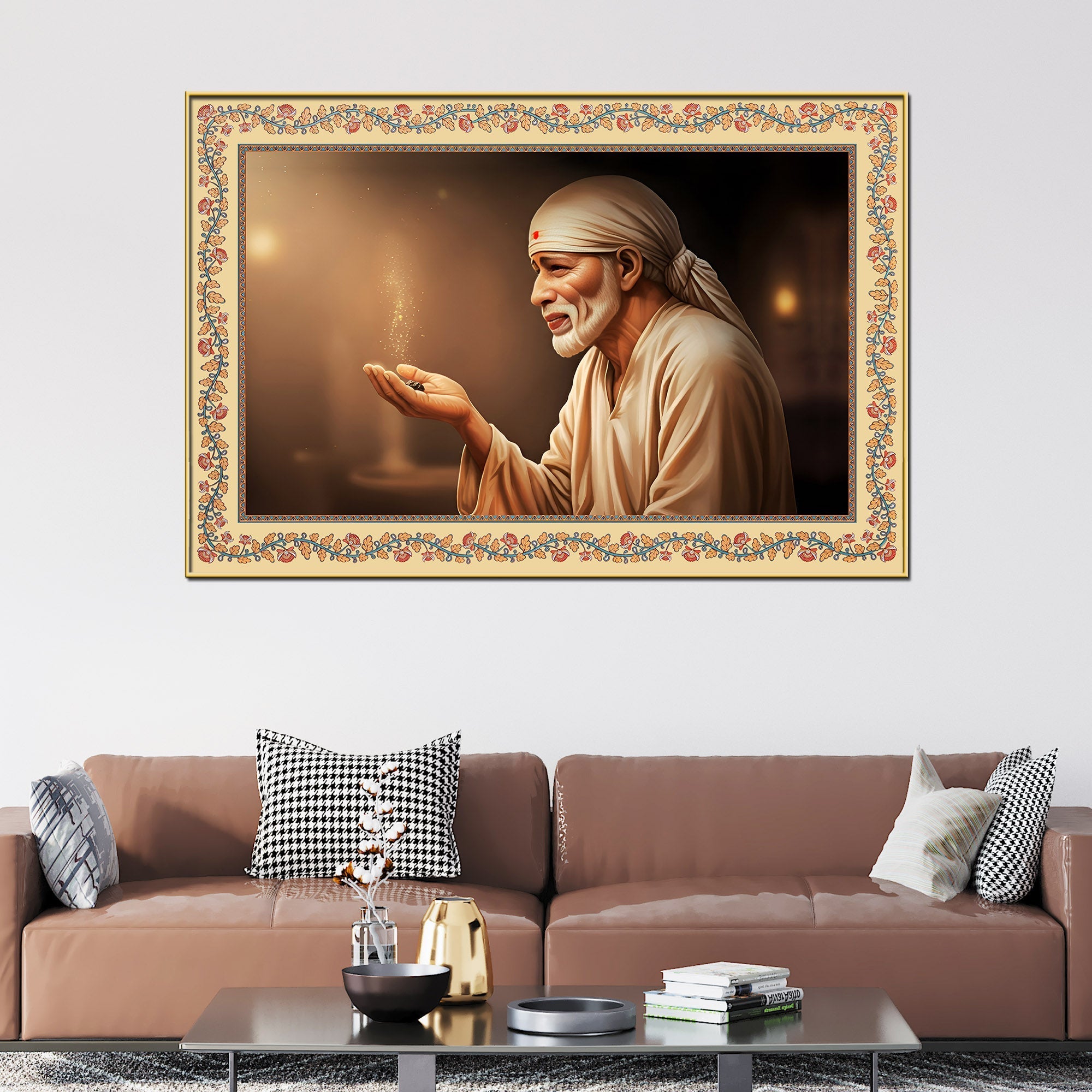 Sacred Shirdi Sai Baba Floral Border Canvas Wall Painting