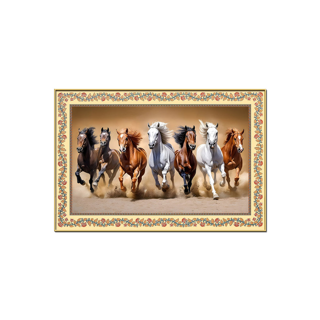 Seven Horses Running in Desert Floral Border Canvas Wall Painting