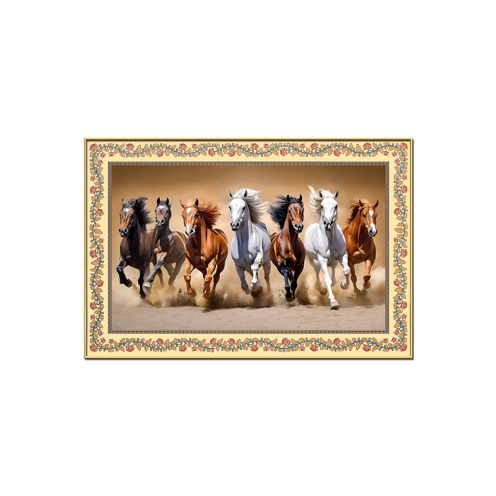 Seven Horses Running in Desert Floral Border Canvas Wall Painting