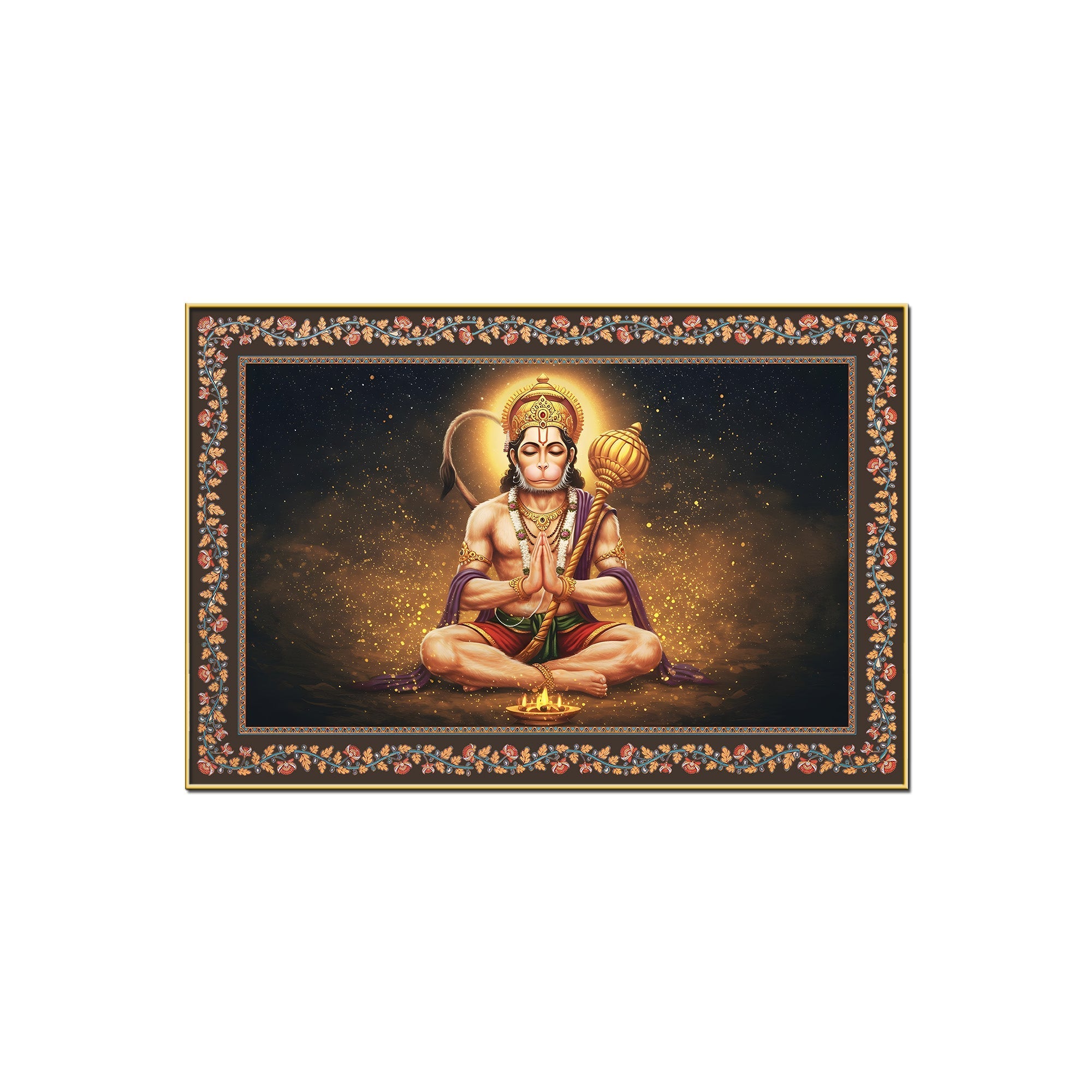 Shri Bajrangi Hanuman Floral Border Canvas Wall Painting