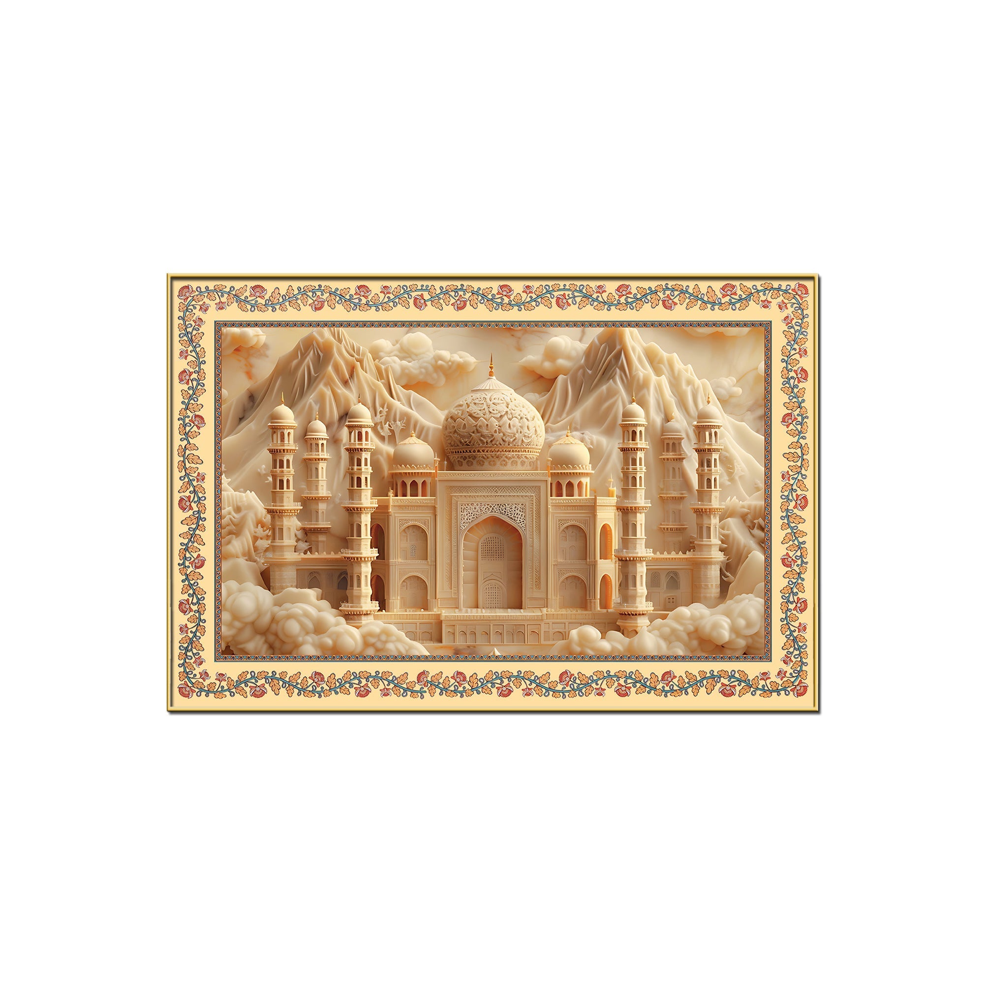 Taj Mahal Majestic Mosque Floral Border Canvas Wall Painting