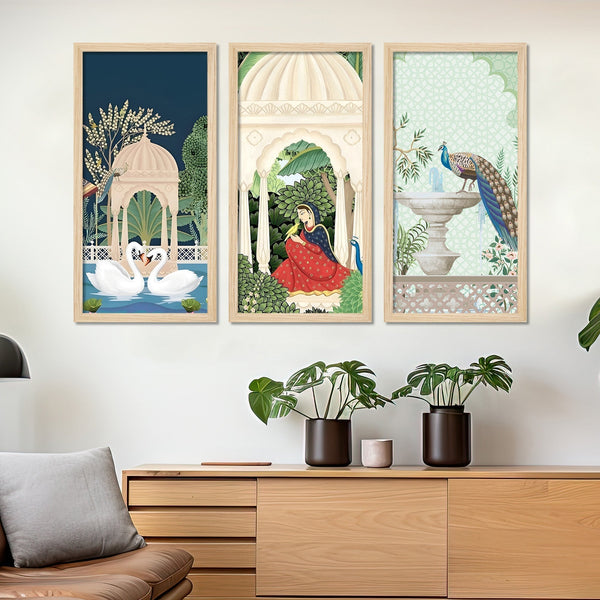 Traditional Mughal Garden View Wooden Wall Frame Set of Three