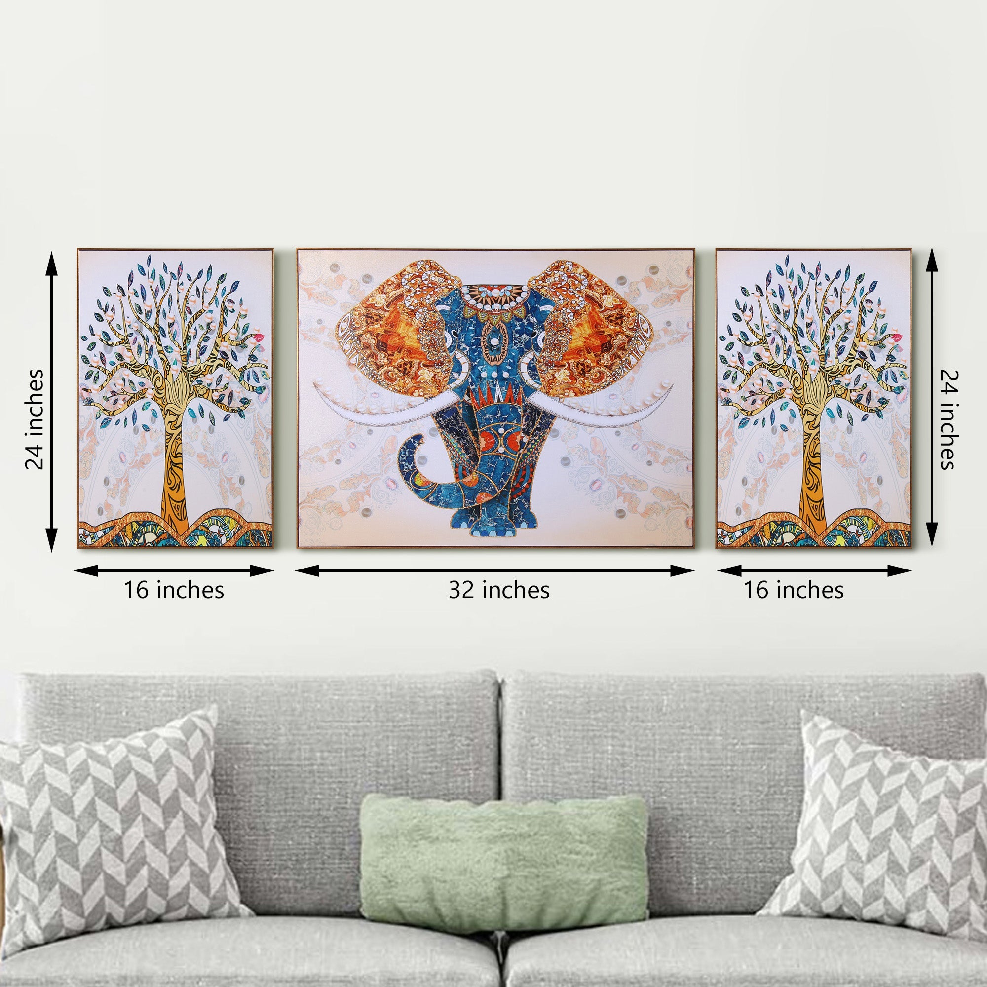 The Udaipur Elephant 3 Panel Framed Canvas paintings